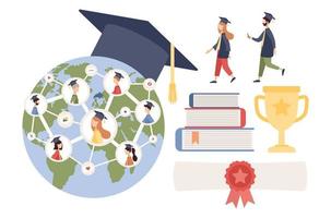 online diploma uitreiking icoon set. afgestudeerden allemaal over- wereld te ontvangen diploma's. online onderwijs Bij sociaal afstand nemen symbool. planeet aarde met diploma uitreiking kap. vector vlak illustratie