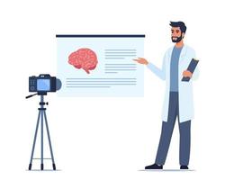 dokter geeft een opleiding lezing over anatomie Aan camera. dokter presenteren menselijk hersenen infographics. online medisch seminarie, lezing, gezondheidszorg vergadering concept. vector illustratie.