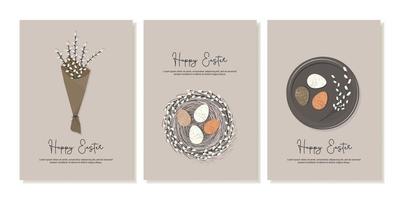 reeks van Pasen kaarten. Pasen eieren Aan een bord, wilg boeket, nest. eco-decor. vector vlak illustratie voor afdrukken