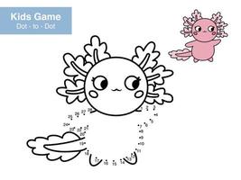 leerzaam aantal spel. punt naar punt. schattig axolotl. tekenfilm zee dieren. afdrukbare werkzaamheid bladzijde met puzzel. aansluiten de dots en kleur. vector illustratie