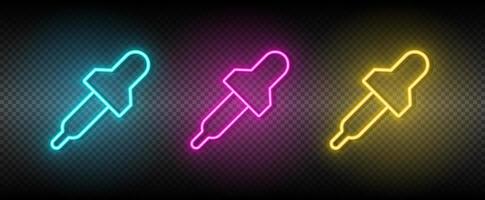 druppelaar, pipet vector icoon geel, roze, blauw neon set. gereedschap vector icoon Aan donker achtergrond