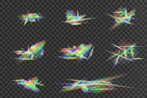 kristal en sieraden, prisma, schittering. regenboog gloeiend sparkles vector set.realistisch diamant reflectie, regenboog licht optisch effect kleurrijk verzameling, helder spectrum gloed stralen.