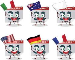 december 31e kalender tekenfilm karakter brengen de vlaggen van divers landen vector