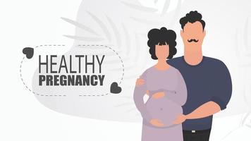 gezond zwangerschap. een Mens knuffels een zwanger vrouw. paar Jet baby. gelukkig zwangerschap. vorige illustratie. vector