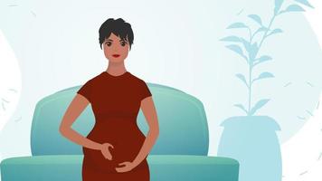 een zwanger vrouw houdt haar buik met haar handen. natuurlijk achtergrond met kamer. tekenfilm stijl. vector