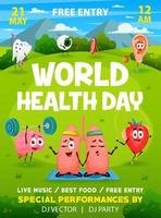 wereld Gezondheid dag folder, tekenfilm grappig menselijk organen vector