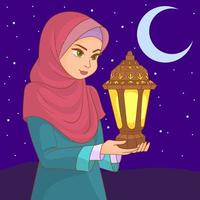 moslimmeisje met sluier draagt in haar handen een lamp op een ramadanavond vector