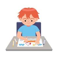 weinig jongen zittend Bij bureau en tekening afbeelding tekenfilm vector