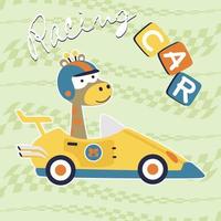 grappig giraffe Aan racing auto, vector tekenfilm illustratie