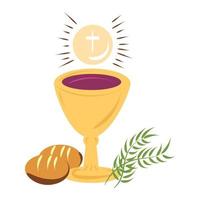 heilig week. christen Pasen icoon symbolen. palm tak, kruis van Jezus Christus, kroon van doornen, kom en brood, gekruisigd handpalmen. vector illustratie