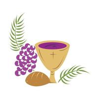 heilig week. christen Pasen icoon symbolen. palm tak, kruis van Jezus Christus, kroon van doornen, kom en brood, gekruisigd handpalmen. vector illustratie