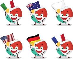 strand bal tekenfilm karakter brengen de vlaggen van divers landen vector