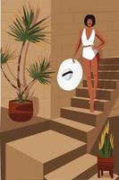 digitaal illustratie van een meisje model- in zomer Aan vakantie poseren in een wit bikini Aan de stappen voor een foto tussen de palm bomen Bij de villa vector