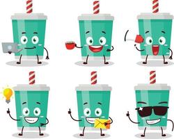 Frisdrank fles tekenfilm karakter met divers types van bedrijf emoticons vector