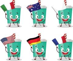Frisdrank fles tekenfilm karakter brengen de vlaggen van divers landen vector