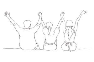 groep van vrienden zittend samen en verhogen handen hand- getrokken vector illustratie