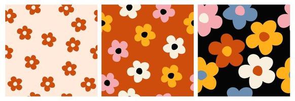 y2k madeliefje bloemen naadloos patroon in groovy retro funky stijl. gemakkelijk vormig bloemen vector achtergrond. knus wijnoogst kleding stof afdrukken, textiel, huis decoratie.