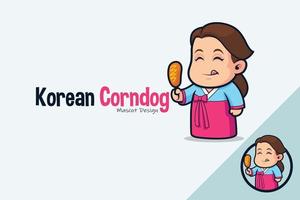 schattig Koreaans meisje in hanbok aan het eten Corn dog vector