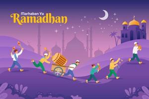 marhaban ja ramadan, vertaling Welkom Ramadan met betawi traditie gebeld ngarak bedug of paraderen een groot houten trommel naar wakker worden omhoog buren voor sahur gedurende de Ramadhan vastend maand vector