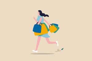 winkelen in de winkel, geluk en blij van het kopen van korting spullen, shopaholic of modieus concept, stijlvolle vrolijke dame vrouw lopen en dragen veel boodschappentassen. vector