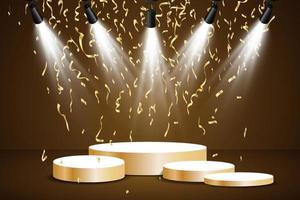 gouden podium met een spotlight Aan een donker achtergrond, vallend gouden confetti, eerste plaats, roem en populariteit. vector illustratie.