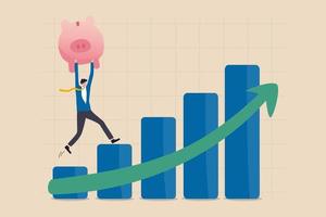 groeivoorraad, welvaart economische of groei rendement in besparingen en investeringen concept, zelfverzekerde zakenman investeerder houden rijke roze spaarvarken lopen stijgende groene pijl beurs staafdiagram. vector