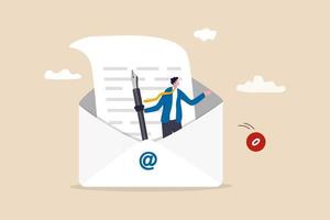 e-mail schrijven zoals professioneel, e-mailcommunicatie voor de beste zakelijke onderhandeling, verhalen vertellen of solliciteren voor een nieuw baanconcept, slimme zakenman in het openen van e-mailenvelop met vulpen.