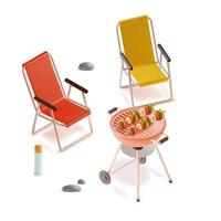 3d barbecue partij concept omvatten van vouwen camping stoel en ronde bbq rooster plasticine tekenfilm stijl. vector illustratie