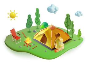 3d Gaan camping concept dag visie landschap tafereel voor reizen en toerisme plasticine tekenfilm stijl. vector illustratie