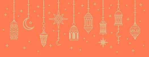 Arabisch traditioneel Ramadan kareem oostelijk lantaarns slinger dun lijn set. vector