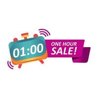 verkoop countdown banier sjabloon voor websites, online winkels met een uur uitverkoop tekst en alarm klok. Purper, rood en geel banners vector