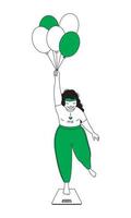 een humoristisch illustratie van een dik meisje staand Aan een schaal Holding ballonnen vector