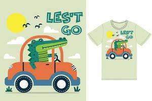 schattig alligator het rijden auto illustratie met t-shirt ontwerp premie vector