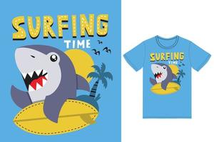 surfing haai illustratie met t-shirt ontwerp premie vector