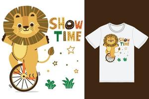 schattig leeuw lezing een eenwieler illustratie met t-shirt ontwerp premie vector