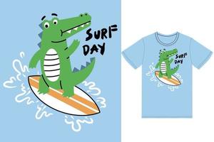 schattig alligator surfing illustratie met t-shirt ontwerp premie vector