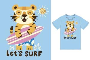 schattig tijger surfing illustratie met t-shirt ontwerp premie vector