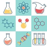 reeks icoon Chemicaliën, chemie, laboratorium, potten, bekers, kolven, elementen van de molecuul. vector illustratie