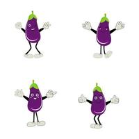 schattig aubergine karakter vector illustratie. vlak aubergine tekenfilm karakter zwaaien. minimaal Purper aubergine fruit ontwerp voor kinderen boeken. aubergine tekenfilm karakter.