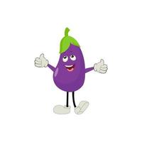 schattig aubergine karakter vector illustratie. vlak aubergine tekenfilm karakter zwaaien. minimaal Purper aubergine fruit ontwerp voor kinderen boeken. aubergine tekenfilm karakter.