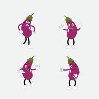 schattig aubergine karakter vector illustratie. vlak aubergine tekenfilm karakter zwaaien. minimaal Purper aubergine fruit ontwerp voor kinderen boeken. aubergine tekenfilm karakter