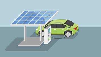 vector of illustratie van zonne- cel technologie met ev oplader station. elektrisch voertuig auto aanvullen energie. achtergrond zacht kleur toon.