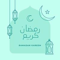 Ramadan kareem lijn typografie tekst met Islamitisch ornament halve maan maan en oostelijk lantaarn lamp vector illustratie voor moslim vastend maand evenement poster ontwerp. Arabisch vertaling Ramadan kareem