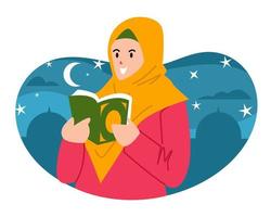 moslim vrouw in hijab lezen de Koran. vlak vector ontwerp illustratie. moskee silhouet achtergrond, lucht, maan en sterren. geschikt voor groet kaart, poster, sticker.