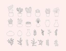 mooi geschetst cactus kamerplant, potten en botanica verzameling sjabloon vector