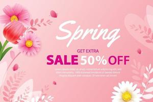 lente verkoop banner met bloeiende bloemen achtergrond sjabloon. ontwerp voor reclame, flyers, posters, brochure, uitnodiging, tegoedbon korting. vector