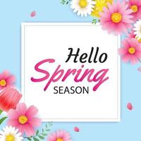 hallo lente wenskaart en uitnodiging met bloeiende bloemen achtergrond sjabloon. ontwerp voor decor, flyers, posters, brochure, banner. vector