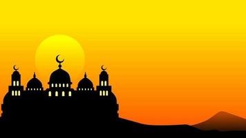 Ramadan achtergrond van silhouet moskee in zonsondergang voor Islamitisch ontwerp. ontwerp grafisch van moskee voor Ramadan groet in moslim cultuur en Islam geloof. landschap illustratie Ramadan cultuur vector