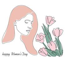 banier ansichtkaart met Internationale vrouwen dag. illustratie van een inschrijving meisje met tulpen. doorlopend tekening met een lijn. vector