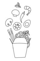 noedels met traditioneel ingrediënten in een wok doos. vector illustratie in tekening vlak stijl.